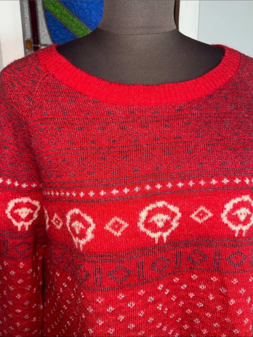 Woolrich Red Fair Isle Sheep Pattern Crewneck Sweater SZ L - Picture 3 of 9